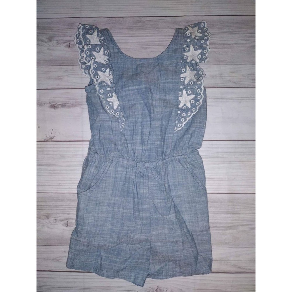 Cat Jack Denim Star Romper Girls Size XS 4 5 Blue Ruffle Sleeve Summer